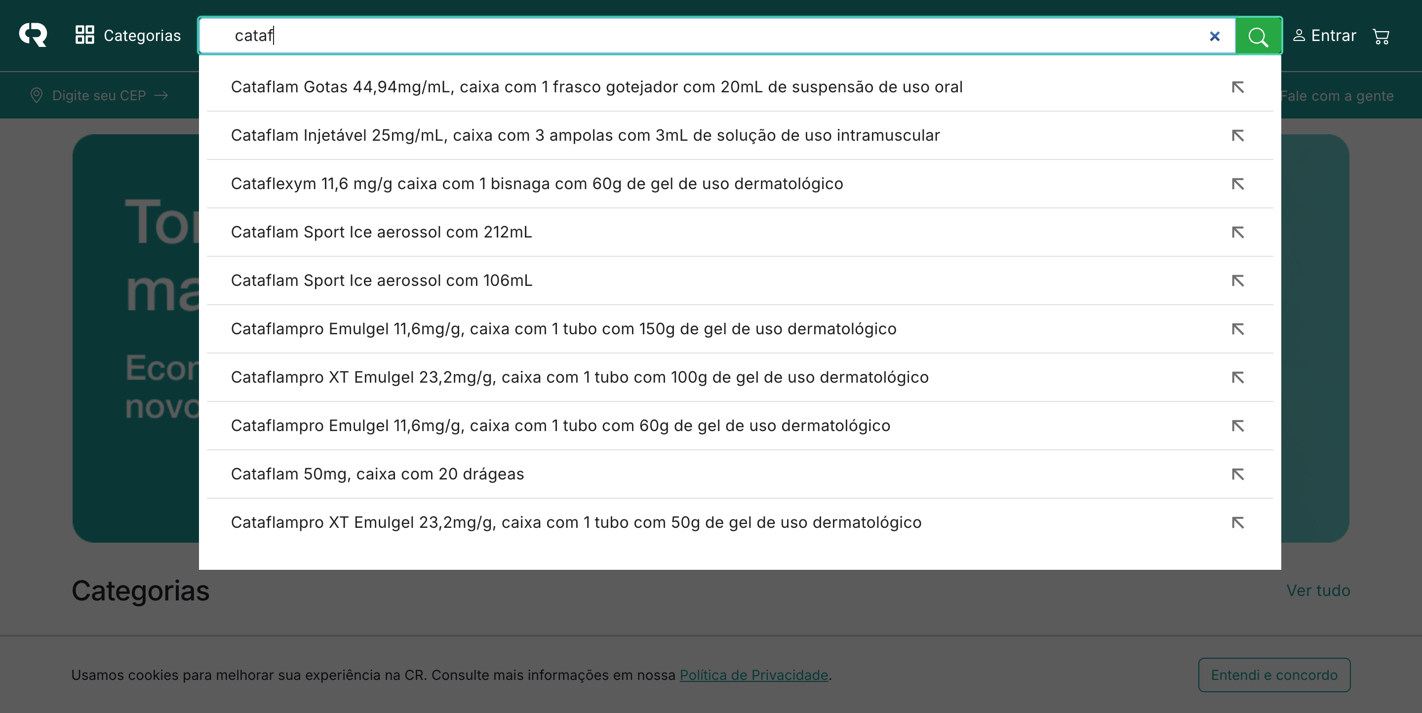 Busca sendo digitada, com autocomplete aparecendo