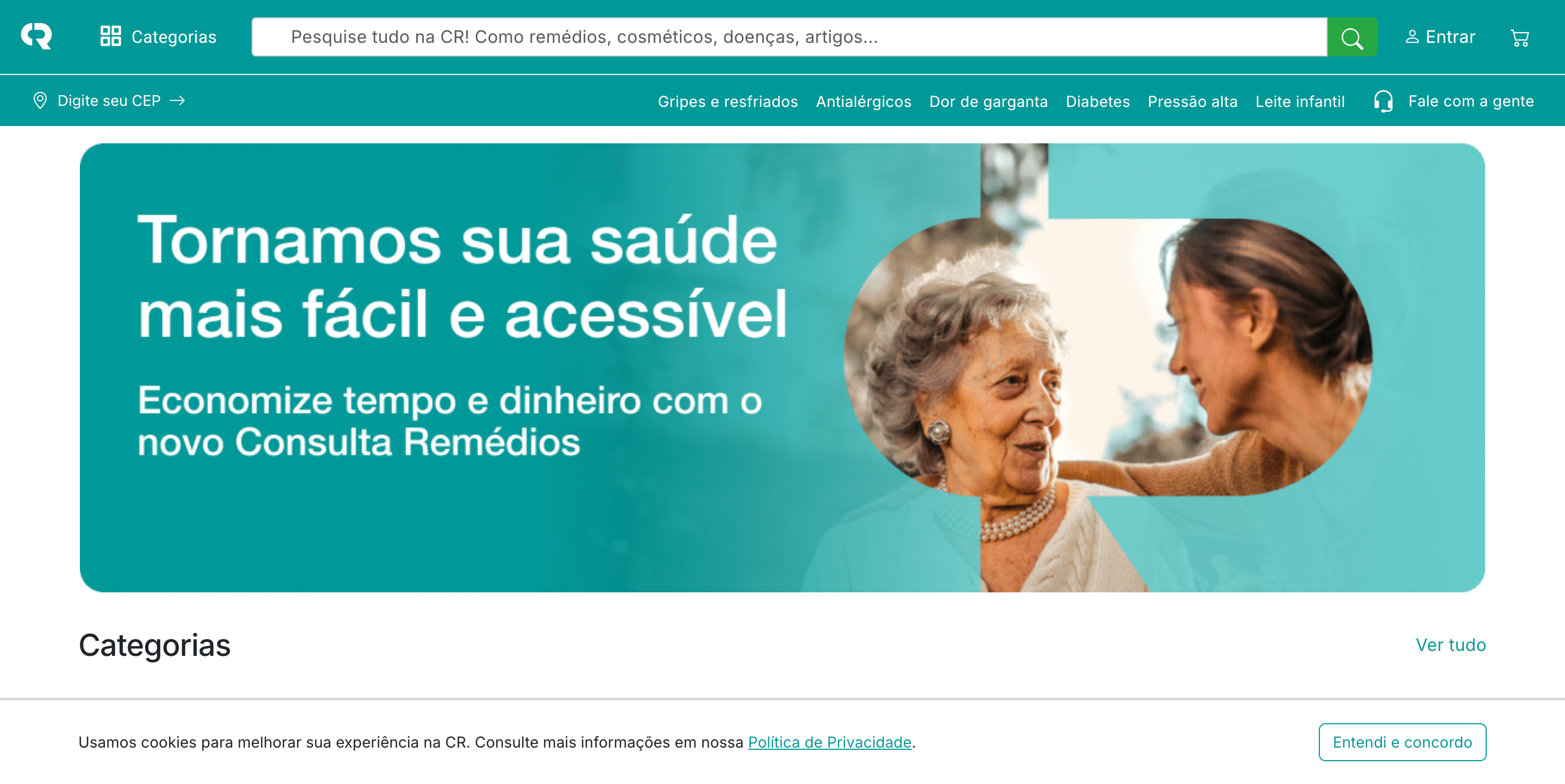 Captura da Home do site com destaque na barra de busca
